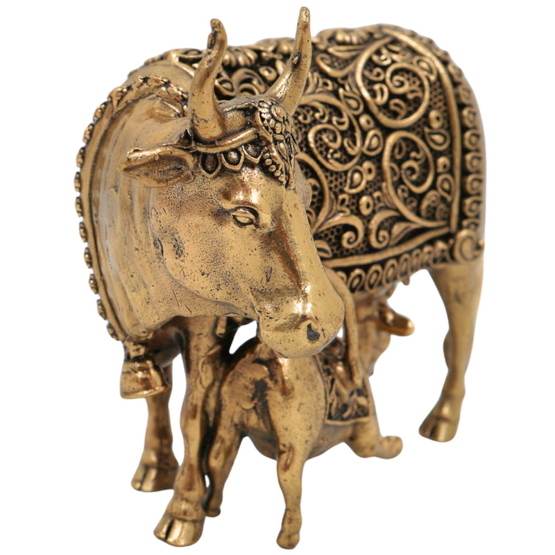 Brass Kamadhenu, Surabhi Cow, Gau Mata Statue, Handcrafted Miniature Pooja Sculpture for Home Decor & Spiritual Blessings, Gold, 3 Inch, 1 Piece