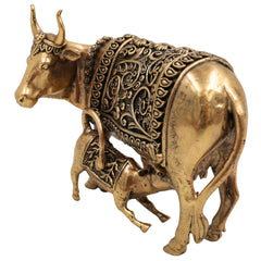 Brass Kamadhenu, Surabhi Cow, Gau Mata Statue, Handcrafted Miniature Pooja Sculpture for Home Decor & Spiritual Blessings, Gold, 3 Inch, 1 Piece