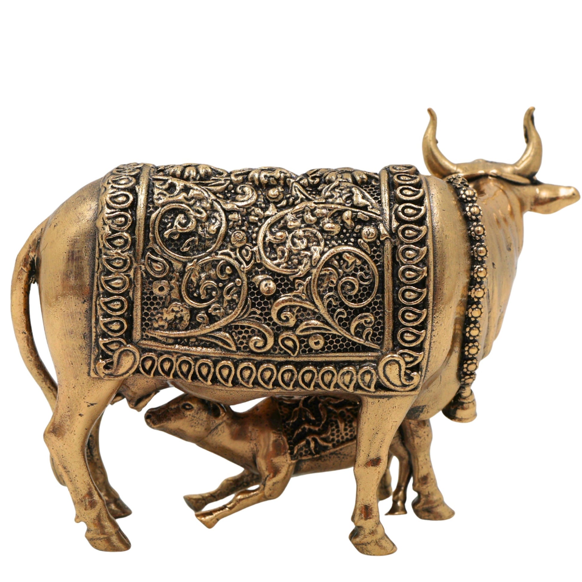 Brass Kamadhenu, Surabhi Cow, Gau Mata Statue, Handcrafted Miniature Pooja Sculpture for Home Decor & Spiritual Blessings, Gold, 3 Inch, 1 Piece