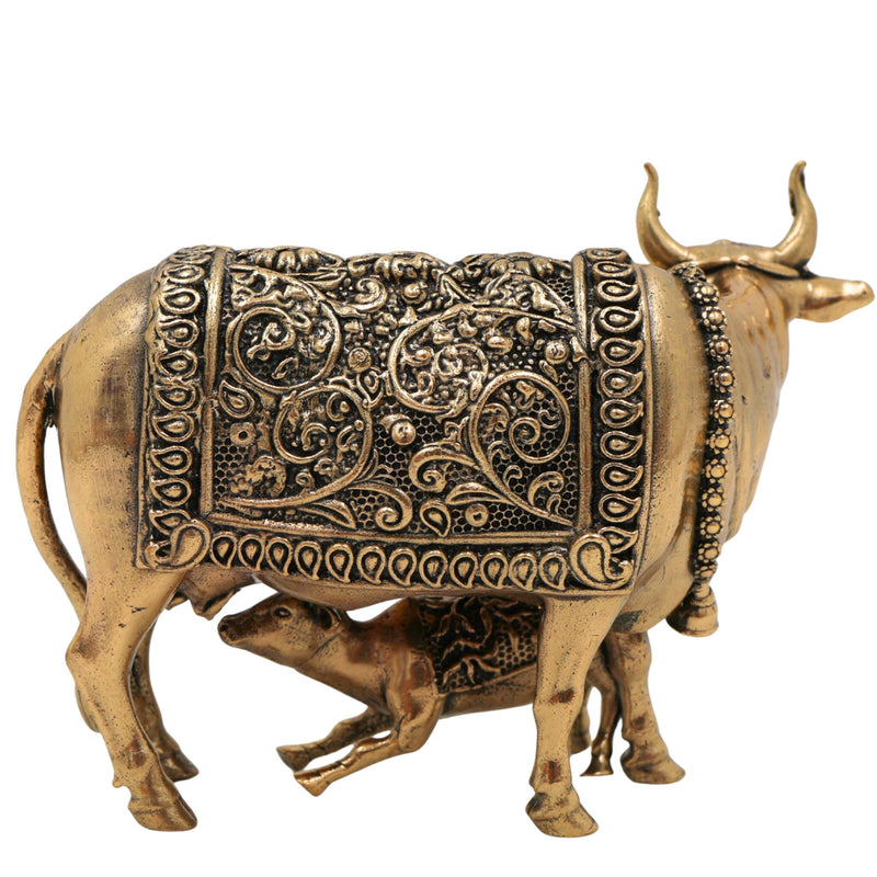 Brass Kamadhenu, Surabhi Cow, Gau Mata Statue, Handcrafted Miniature Pooja Sculpture for Home Decor & Spiritual Blessings, Gold, 3 Inch, 1 Piece