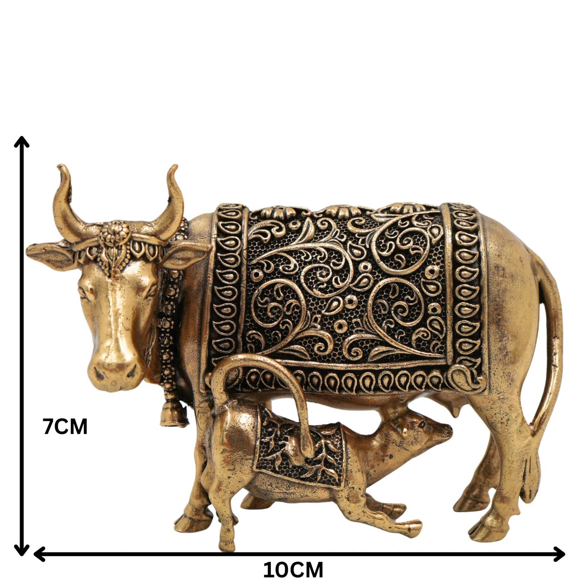 Brass Kamadhenu, Surabhi Cow, Gau Mata Statue, Handcrafted Miniature Pooja Sculpture for Home Decor & Spiritual Blessings, Gold, 3 Inch, 1 Piece