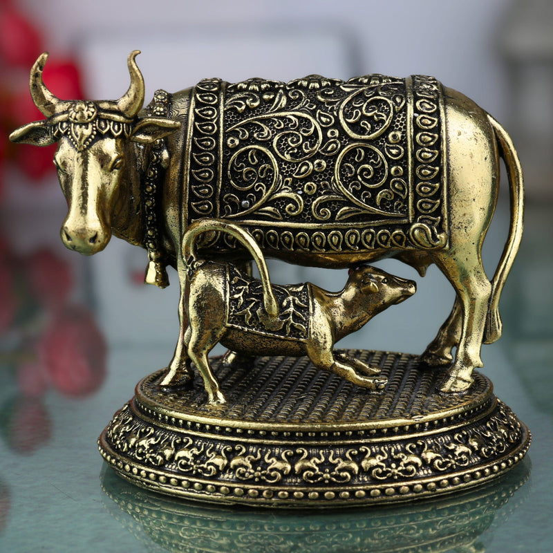 Brass Kamadhenu Idol, Surabhi Cow Murti, Gau Mata Statue, Handcrafted Peetal Pooja Sculpture for Home Decor & Spiritual Blessings, Gold, 3 Inch, 1 Piece