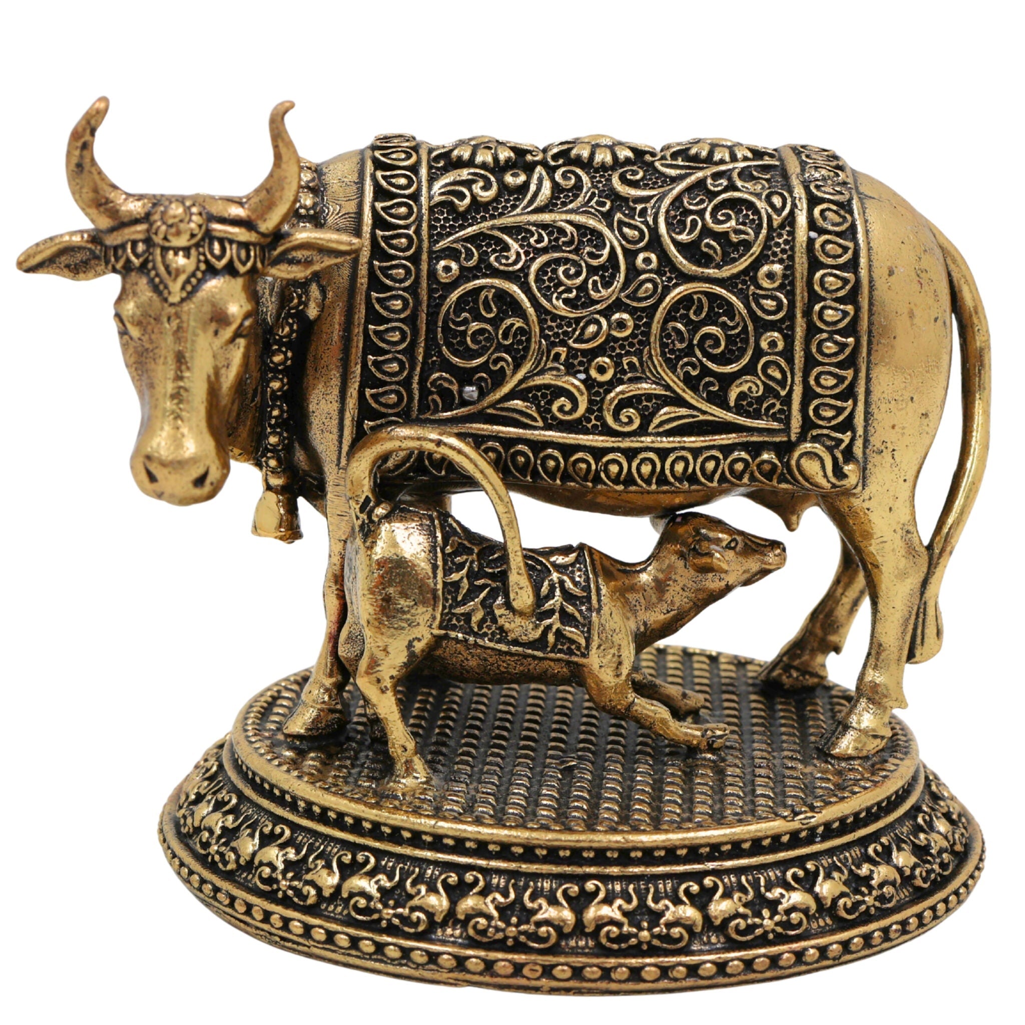 Brass Kamadhenu Idol, Surabhi Cow Murti, Gau Mata Statue, Handcrafted Peetal Pooja Sculpture for Home Decor & Spiritual Blessings, Gold, 3 Inch, 1 Piece