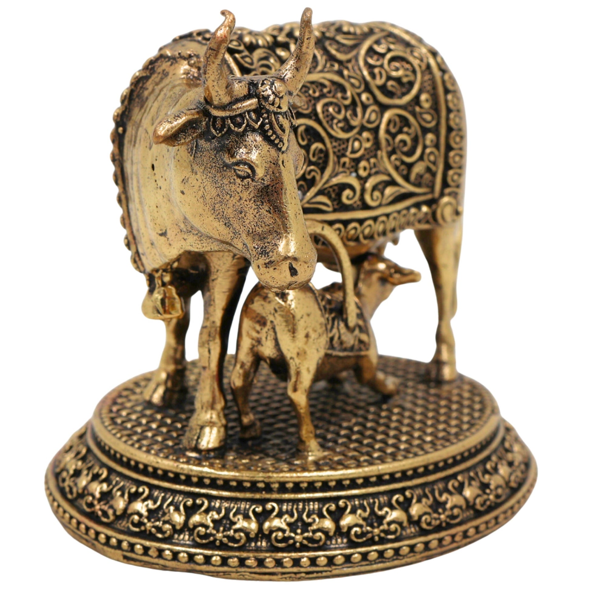 Brass Kamadhenu Idol, Surabhi Cow Murti, Gau Mata Statue, Handcrafted Peetal Pooja Sculpture for Home Decor & Spiritual Blessings, Gold, 3 Inch, 1 Piece