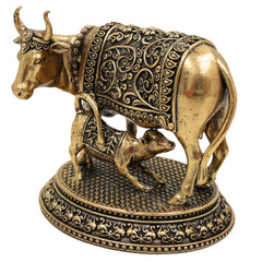 Brass Kamadhenu Idol, Surabhi Cow Murti, Gau Mata Statue, Handcrafted Peetal Pooja Sculpture for Home Decor & Spiritual Blessings, Gold, 3 Inch, 1 Piece
