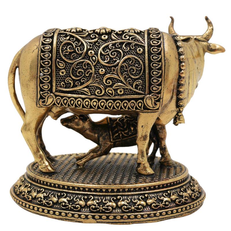 Brass Kamadhenu Idol, Surabhi Cow Murti, Gau Mata Statue, Handcrafted Peetal Pooja Sculpture for Home Decor & Spiritual Blessings, Gold, 3 Inch, 1 Piece