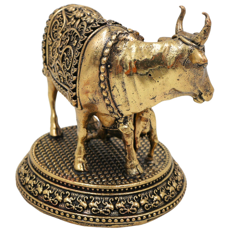 Brass Kamadhenu Idol, Surabhi Cow Murti, Gau Mata Statue, Handcrafted Peetal Pooja Sculpture for Home Decor & Spiritual Blessings, Gold, 3 Inch, 1 Piece