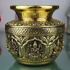 Brass Asta Lakshmi Kalash Loota, Handcrafted Pooja Sculpture, Temple & Home Decorative Peetal, Pittal Kalash for Prosperity & Wealth, Gold, 4.5 Inch, 1 Piece