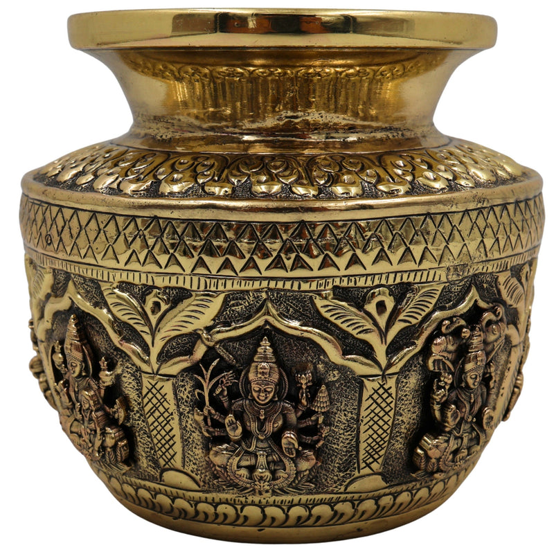 Brass Asta Lakshmi Kalash Loota, Handcrafted Pooja Sculpture, Temple & Home Decorative Peetal, Pittal Kalash for Prosperity & Wealth, Gold, 4.5 Inch, 1 Piece