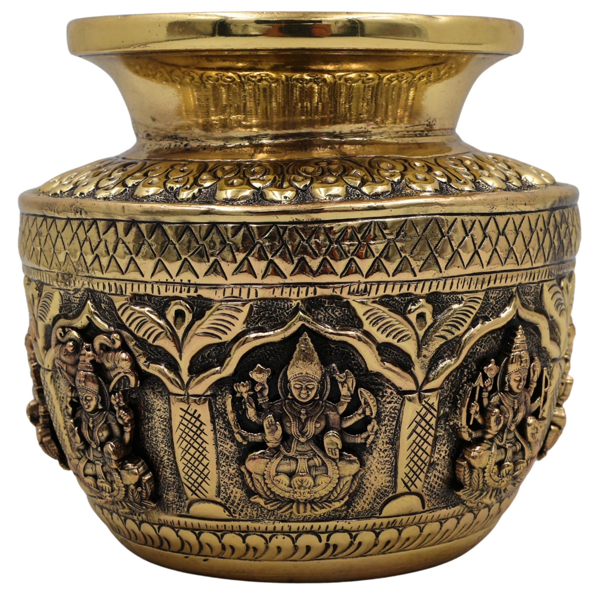 Brass Asta Lakshmi Kalash Loota, Handcrafted Pooja Sculpture, Temple & Home Decorative Peetal, Pittal Kalash for Prosperity & Wealth, Gold, 4.5 Inch, 1 Piece