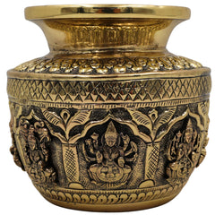Brass Asta Lakshmi Kalash Loota, Handcrafted Pooja Sculpture, Temple & Home Decorative Peetal, Pittal Kalash for Prosperity & Wealth, Gold, 4.5 Inch, 1 Piece