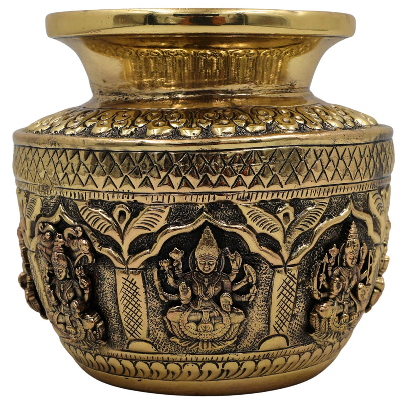 Brass Asta Lakshmi Kalash Loota, Handcrafted Pooja Sculpture, Temple & Home Decorative Peetal, Pittal Kalash for Prosperity & Wealth, Gold, 4.5 Inch, 1 Piece
