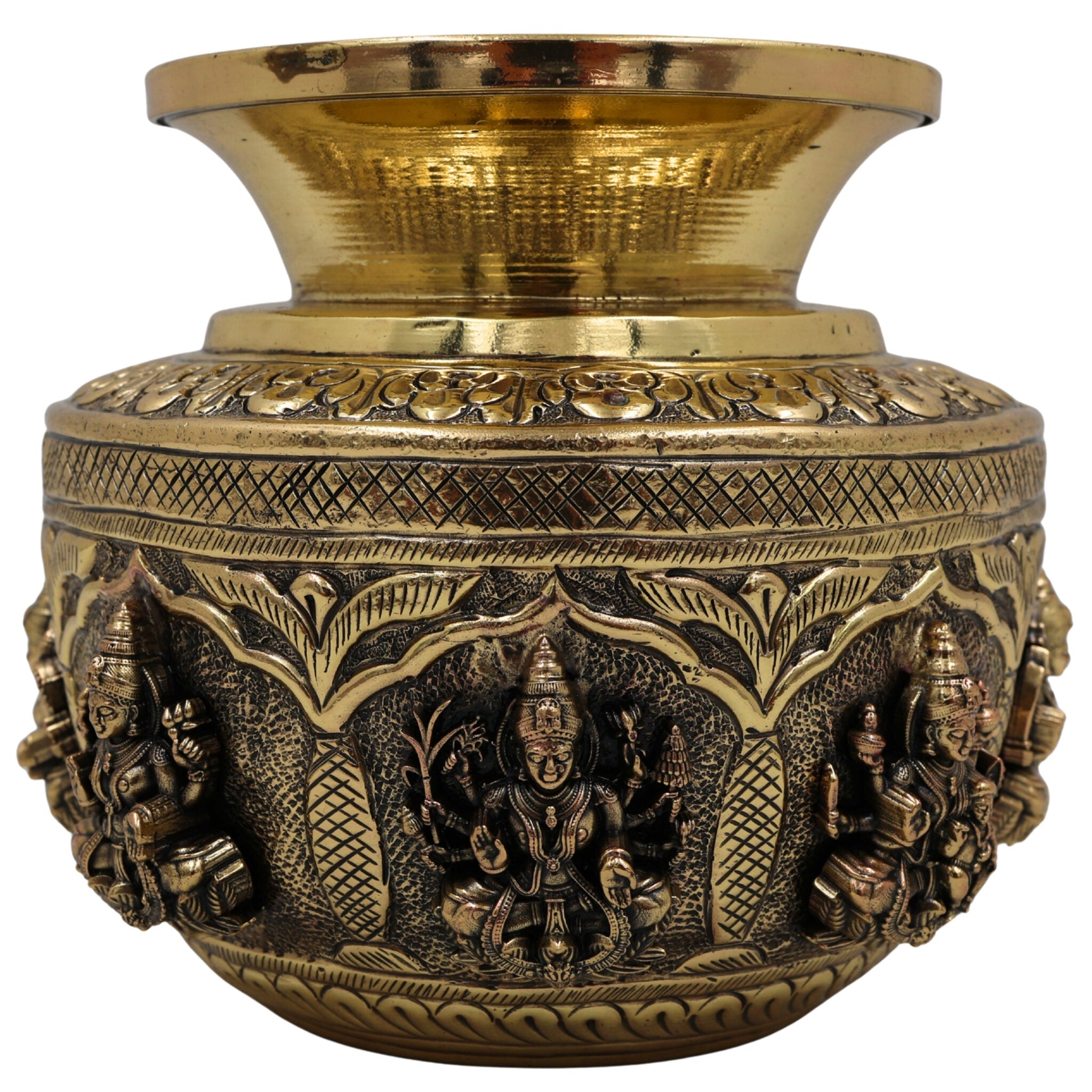 Brass Asta Lakshmi Kalash Lota, Handcrafted Pooja Kumbh, Decorative Temple Kalash, Ashtalakshmi Sculpture for Home & Festival Rituals, Gold, 5 Inch, 1 Piece