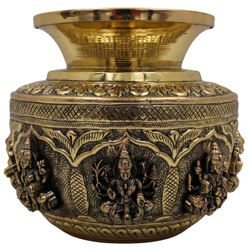 Brass Asta Lakshmi Kalash Lota, Handcrafted Pooja Kumbh, Decorative Temple Kalash, Ashtalakshmi Sculpture for Home & Festival Rituals, Gold, 5 Inch, 1 Piece