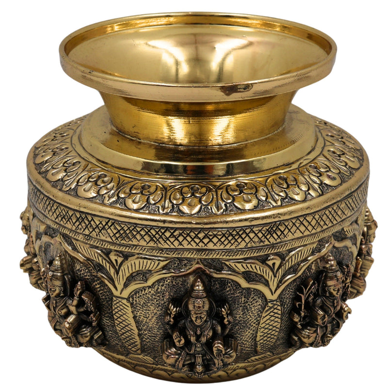 Brass Asta Lakshmi Kalash Lota, Handcrafted Pooja Kumbh, Decorative Temple Kalash, Ashtalakshmi Sculpture for Home & Festival Rituals, Gold, 5 Inch, 1 Piece