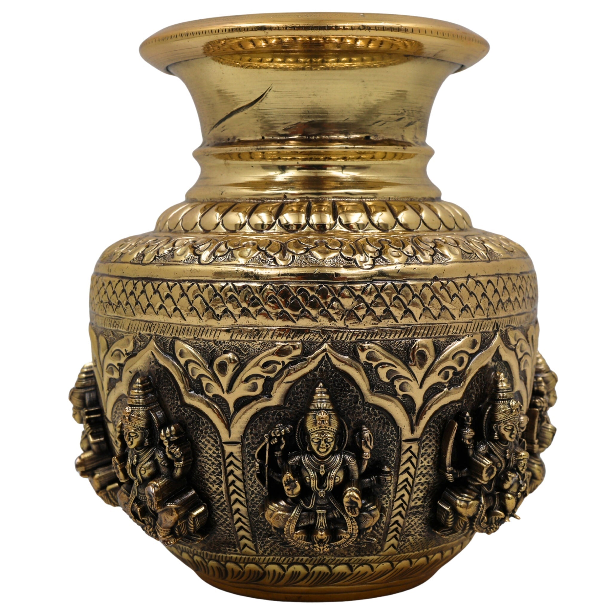 Brass Asta Lakshmi Kalash Loota, Handcrafted Pooja Murti, Vedic Temple Sculpture, Miniature Decorative Brass Kumbh for Home, Puja & Gifts, Gold, 6 Inch, 1 Piece