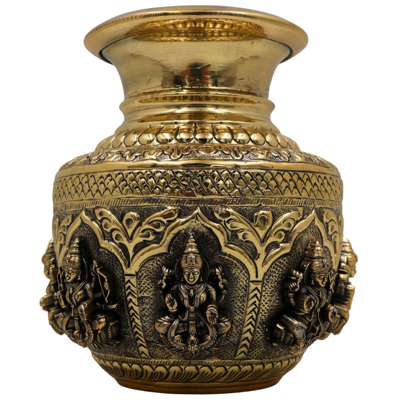 Brass Asta Lakshmi Kalash Loota, Handcrafted Pooja Murti, Vedic Temple Sculpture, Miniature Decorative Brass Kumbh for Home, Puja & Gifts, Gold, 6 Inch, 1 Piece