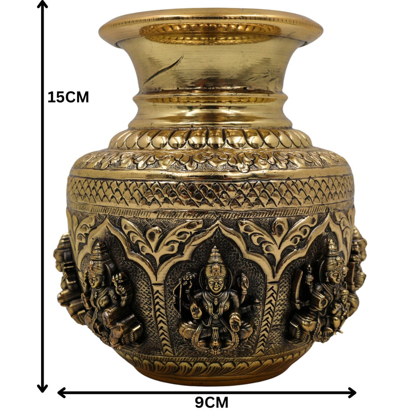 Brass Asta Lakshmi Kalash Loota, Handcrafted Pooja Murti, Vedic Temple Sculpture, Miniature Decorative Brass Kumbh for Home, Puja & Gifts, Gold, 6 Inch, 1 Piece