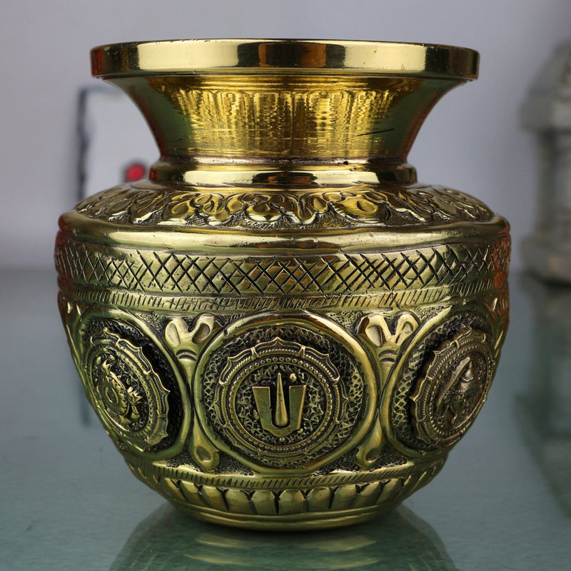 Brass Balaji Kalash Loota with Shankh & Chakra, Pooja Kalash, Vedic Murti, Temple Decor, Home Puja Showpiece, Hindu Spiritual Statue, Gold, 4 Inch, 1 Piece