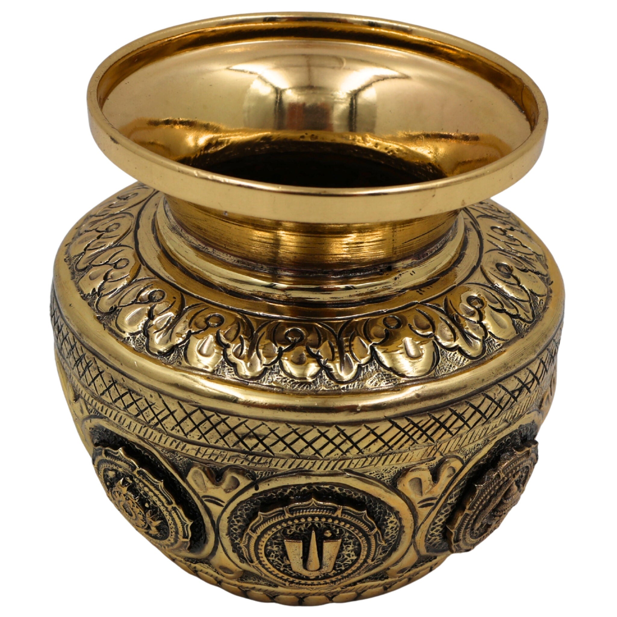 Brass Balaji Kalash Loota with Shankh & Chakra, Pooja Kalash, Vedic Murti, Temple Decor, Home Puja Showpiece, Hindu Spiritual Statue, Gold, 4 Inch, 1 Piece