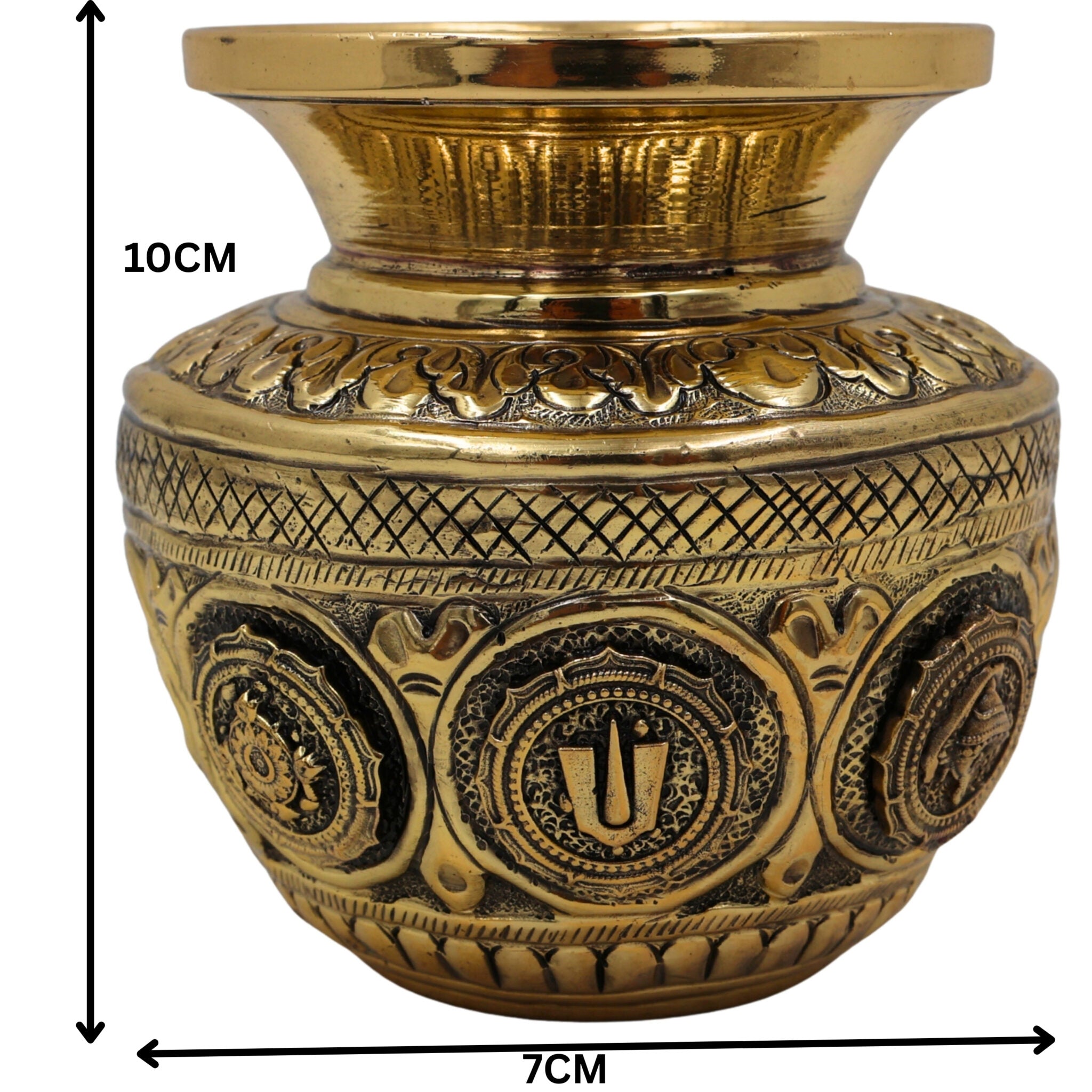 Brass Balaji Kalash Loota with Shankh & Chakra, Pooja Kalash, Vedic Murti, Temple Decor, Home Puja Showpiece, Hindu Spiritual Statue, Gold, 4 Inch, 1 Piece