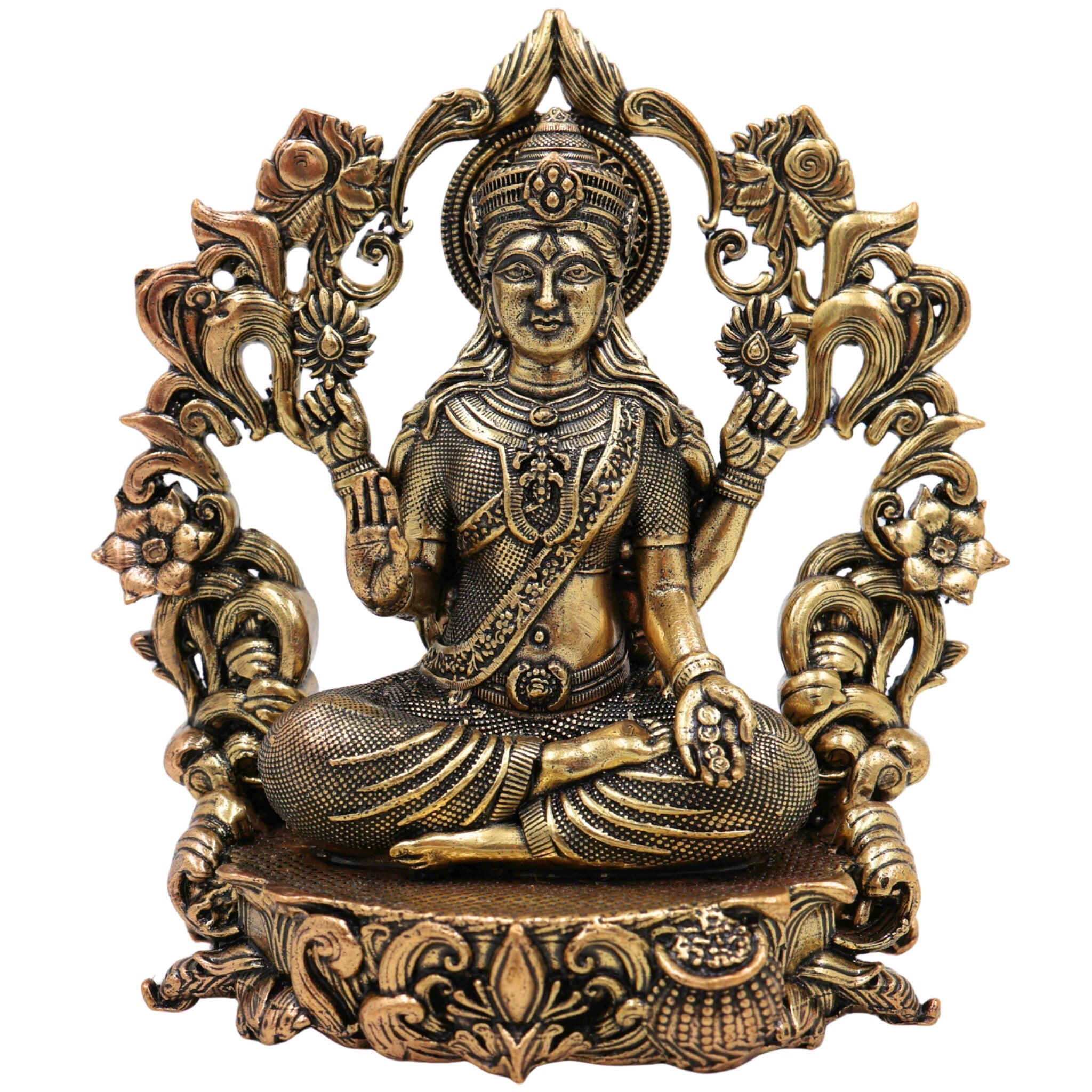 Brass Lakshmi Idol, Mahalakshmi Murti, Shri Padmavati Statue, Kamala Vigraha, Handcrafted Pooja Sculpture for Home & Temple Decor, Gold, 4 Inch, 1 Piece