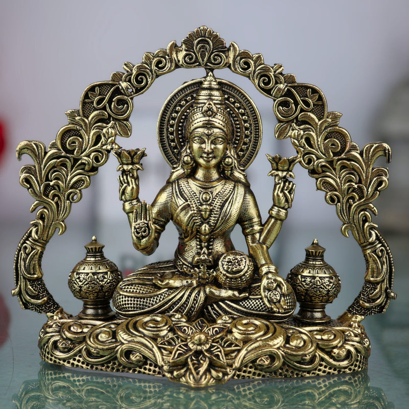 Brass Lakshmi Idol, Mahalakshmi Murti, Shri Padmavati Statue, Kamala / Gajalakshmi Pratima for Pooja, Home Decor, Gift & Temple Display, Gold, 3.5 Inch, 1 Piece