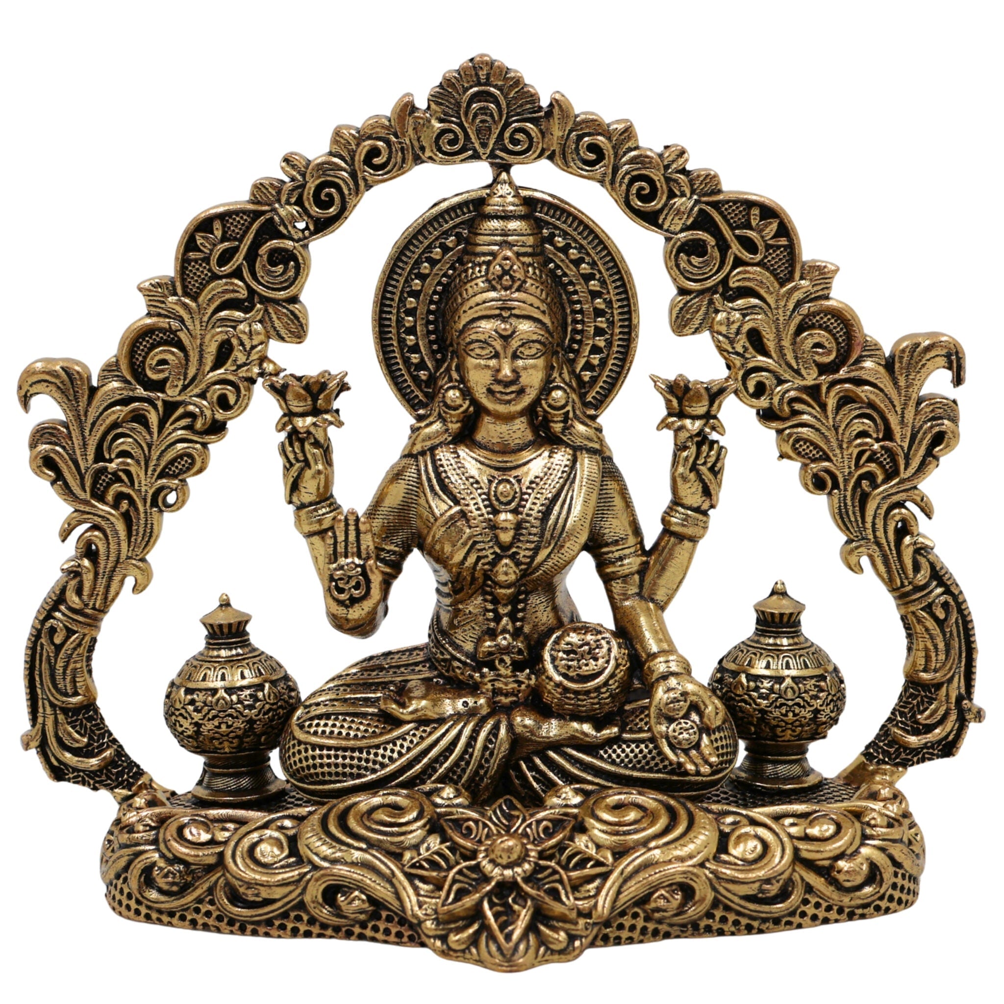 Brass Lakshmi Idol, Mahalakshmi Murti, Shri Padmavati Statue, Kamala / Gajalakshmi Pratima for Pooja, Home Decor, Gift & Temple Display, Gold, 3.5 Inch, 1 Piece