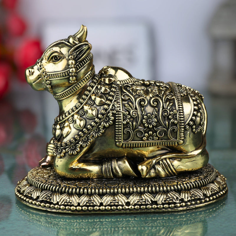 Brass Nandi Idol, Handcrafted Nandikeshwara Murti, Sacred Bull of Shiva, Decorative Pooja Statue, Home & Temple Showpiece, Gold, 4 Inch, 1 Piece