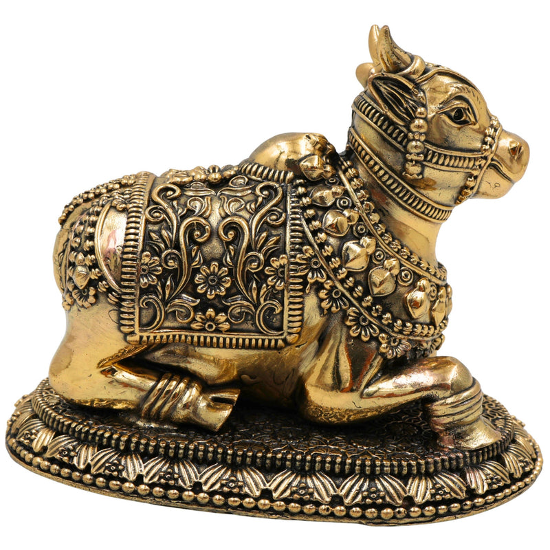 Brass Nandi Idol, Handcrafted Nandikeshwara Murti, Sacred Bull of Shiva, Decorative Pooja Statue, Home & Temple Showpiece, Gold, 4 Inch, 1 Piece