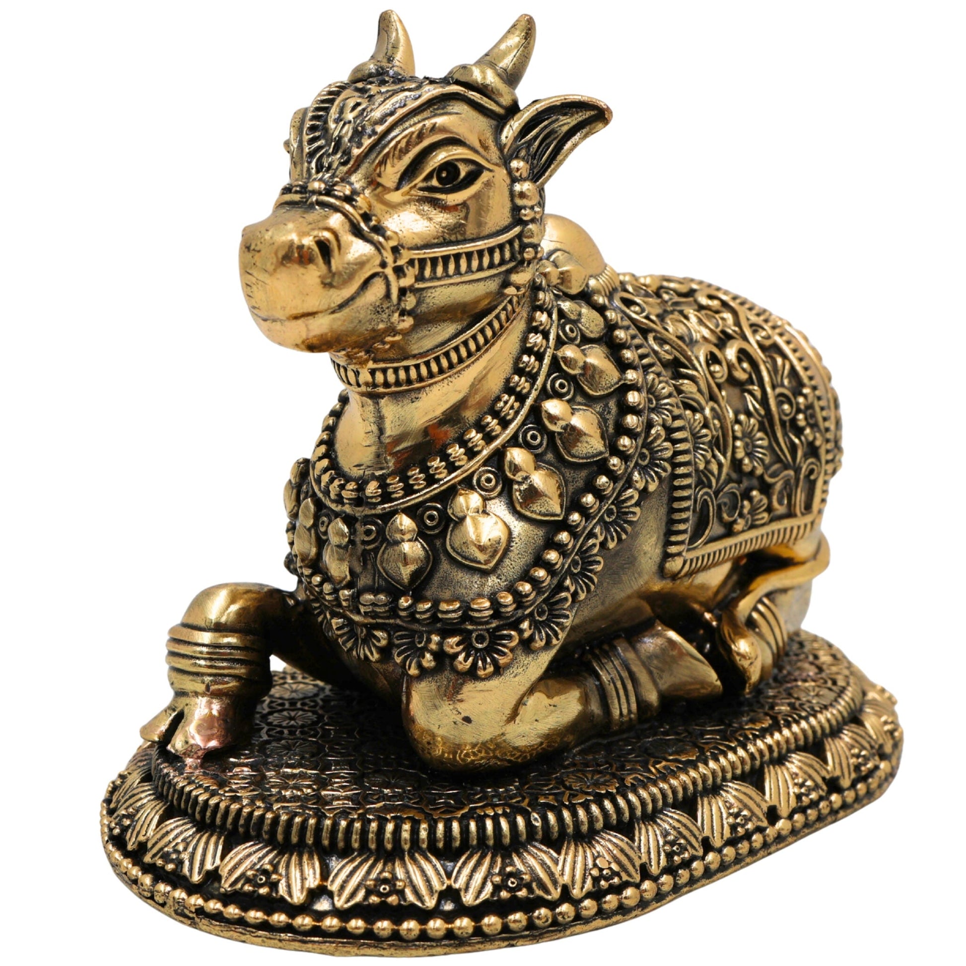 Brass Nandi Idol, Handcrafted Nandikeshwara Murti, Sacred Bull of Shiva, Decorative Pooja Statue, Home & Temple Showpiece, Gold, 4 Inch, 1 Piece