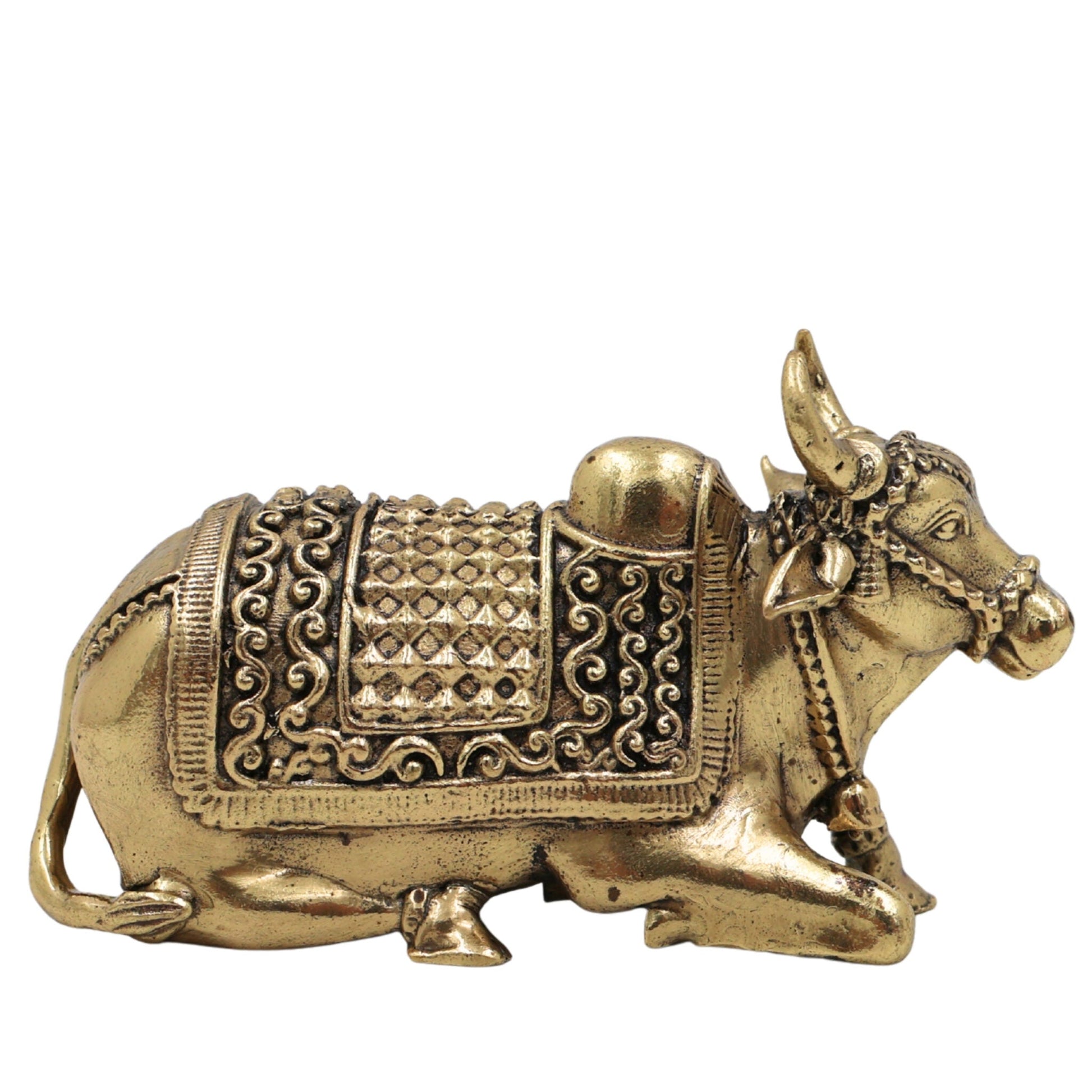 Brass Nandi Idol, Handcrafted Nandikeshwara Murti, Nandi Bull Sculpture, Pooja & Home Decor Showpiece, Peetal Pittal Statue, Gold, 1.5 Inch, 1 Piece