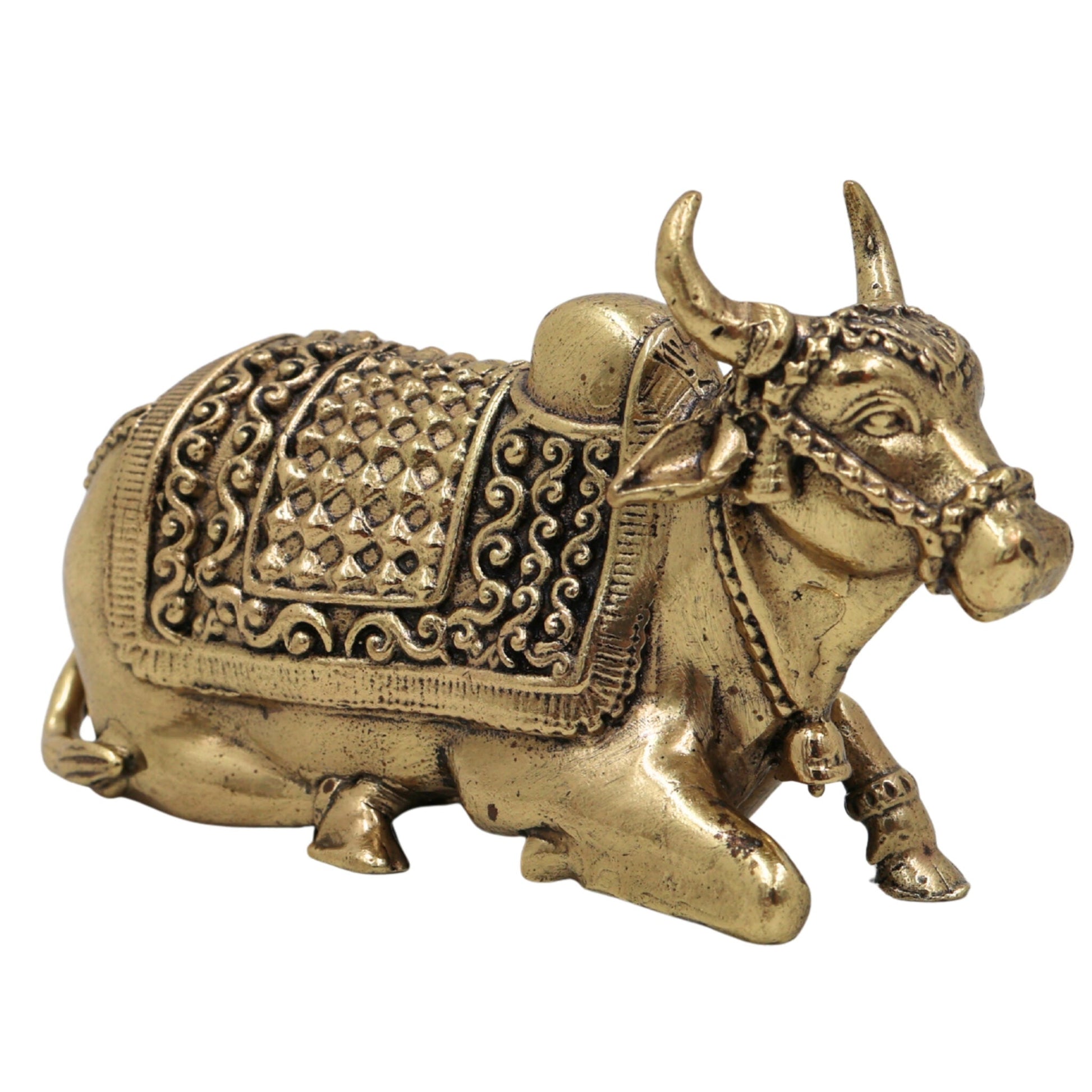 Brass Nandi Idol, Handcrafted Nandikeshwara Murti, Nandi Bull Sculpture, Pooja & Home Decor Showpiece, Peetal Pittal Statue, Gold, 1.5 Inch, 1 Piece