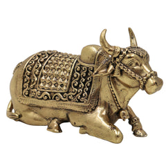 Brass Nandi Idol, Handcrafted Nandikeshwara Murti, Nandi Bull Sculpture, Pooja & Home Decor Showpiece, Peetal Pittal Statue, Gold, 1.5 Inch, 1 Piece