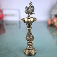 Brass Peacock Lamp Mayil Vilakku, Traditional Peacock Deepam Diya for Pooja, Handcrafted South Indian Temple Mayura Vilakku, Gold, 8 Inch, 1 Piece