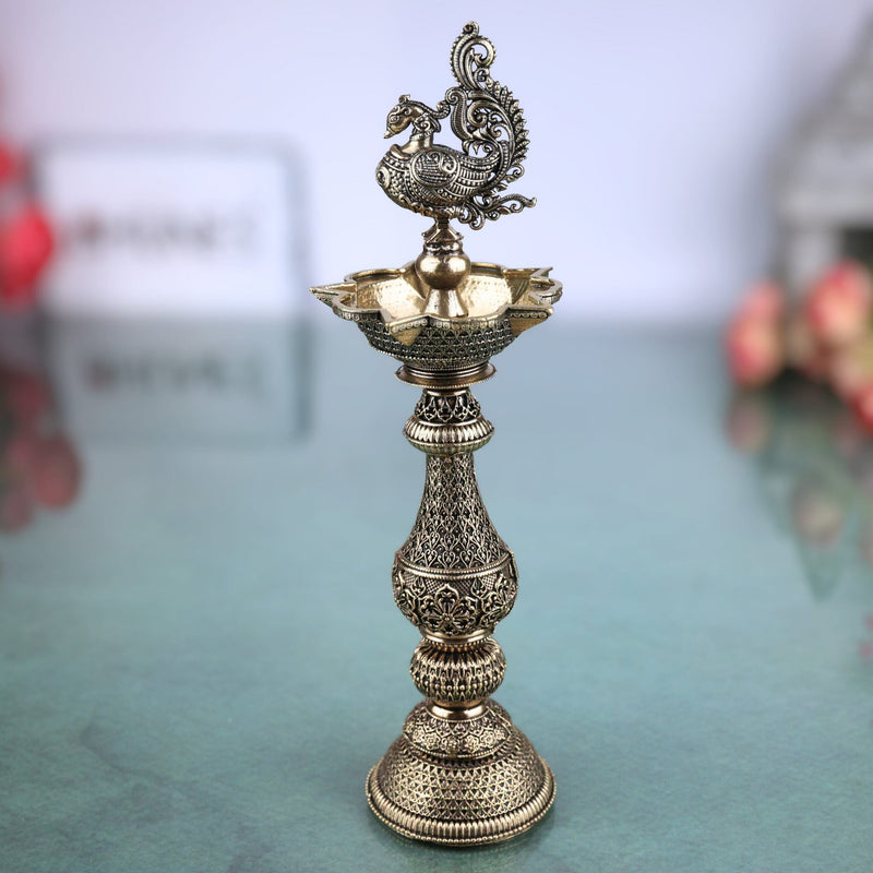 Brass Peacock Lamp Mayil Vilakku, Traditional Peacock Deepam Diya for Pooja, Handcrafted South Indian Temple Mayura Vilakku, Gold, 8 Inch, 1 Piece