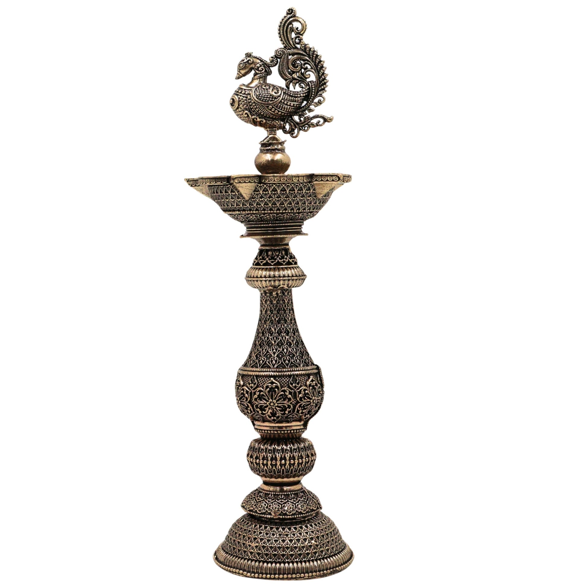 Brass Peacock Lamp Mayil Vilakku, Traditional Peacock Deepam Diya for Pooja, Handcrafted South Indian Temple Mayura Vilakku, Gold, 8 Inch, 1 Piece