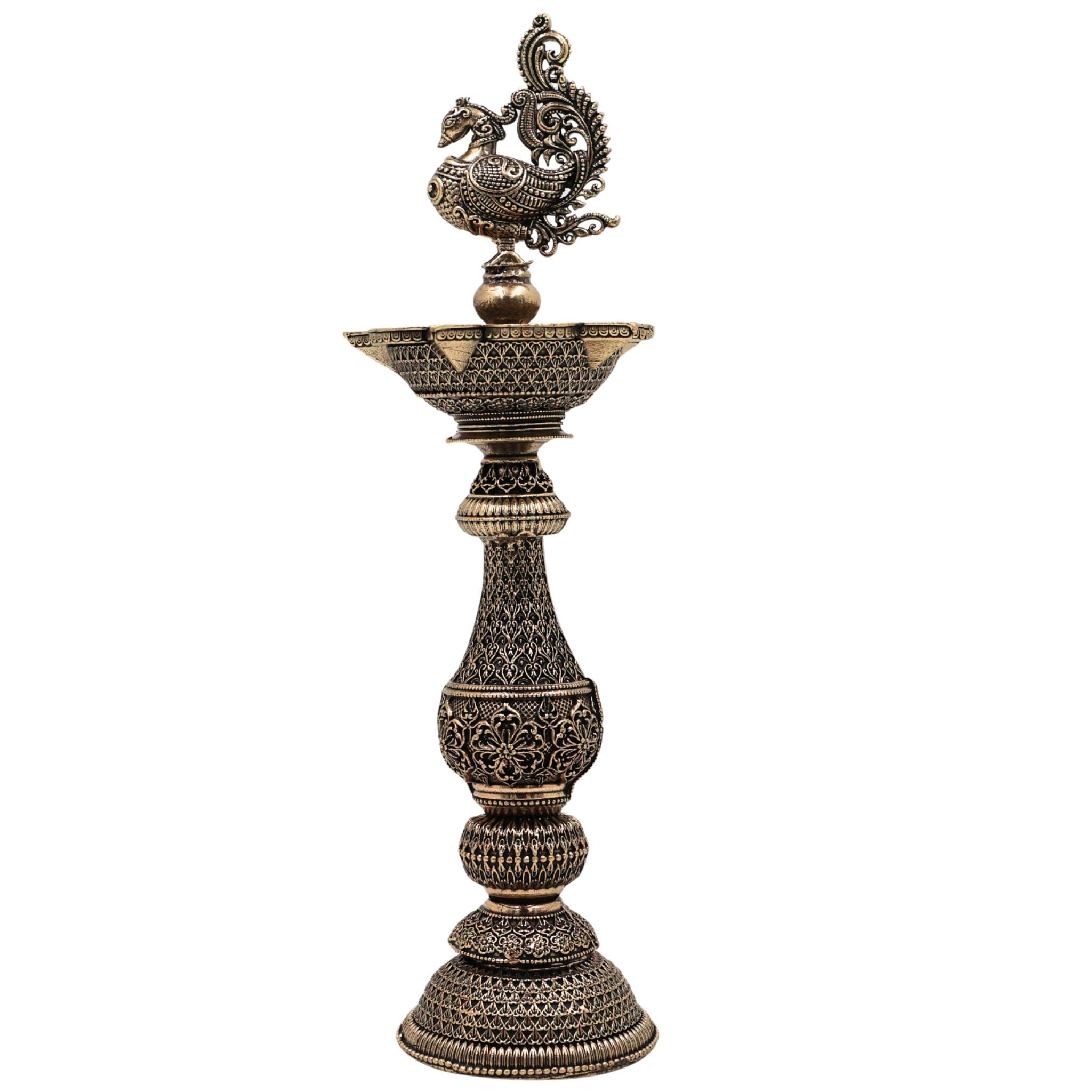 Brass Peacock Lamp Mayil Vilakku, Traditional Peacock Deepam Diya for Pooja, Handcrafted South Indian Temple Mayura Vilakku, Gold, 8 Inch, 1 Piece