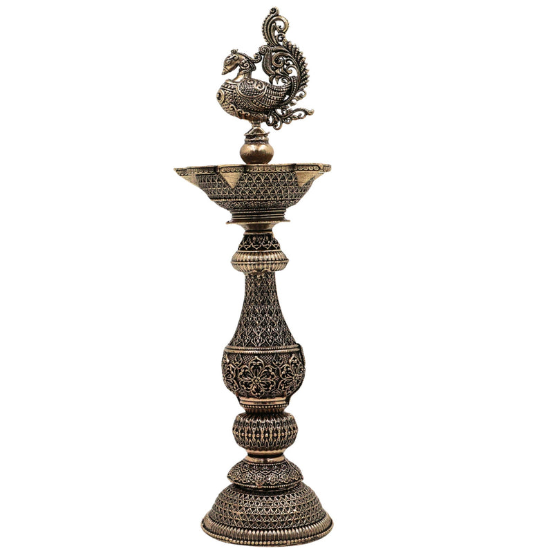 Brass Peacock Lamp Mayil Vilakku, Traditional Peacock Deepam Diya for Pooja, Handcrafted South Indian Temple Mayura Vilakku, Gold, 8 Inch, 1 Piece