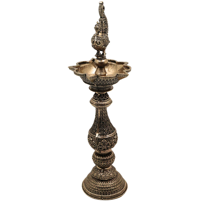 Brass Peacock Lamp Mayil Vilakku, Traditional Peacock Deepam Diya for Pooja, Handcrafted South Indian Temple Mayura Vilakku, Gold, 8 Inch, 1 Piece