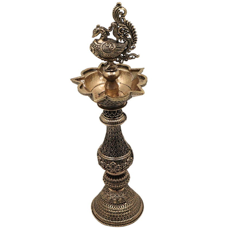 Brass Peacock Lamp Mayil Vilakku, Traditional Peacock Deepam Diya for Pooja, Handcrafted South Indian Temple Mayura Vilakku, Gold, 8 Inch, 1 Piece