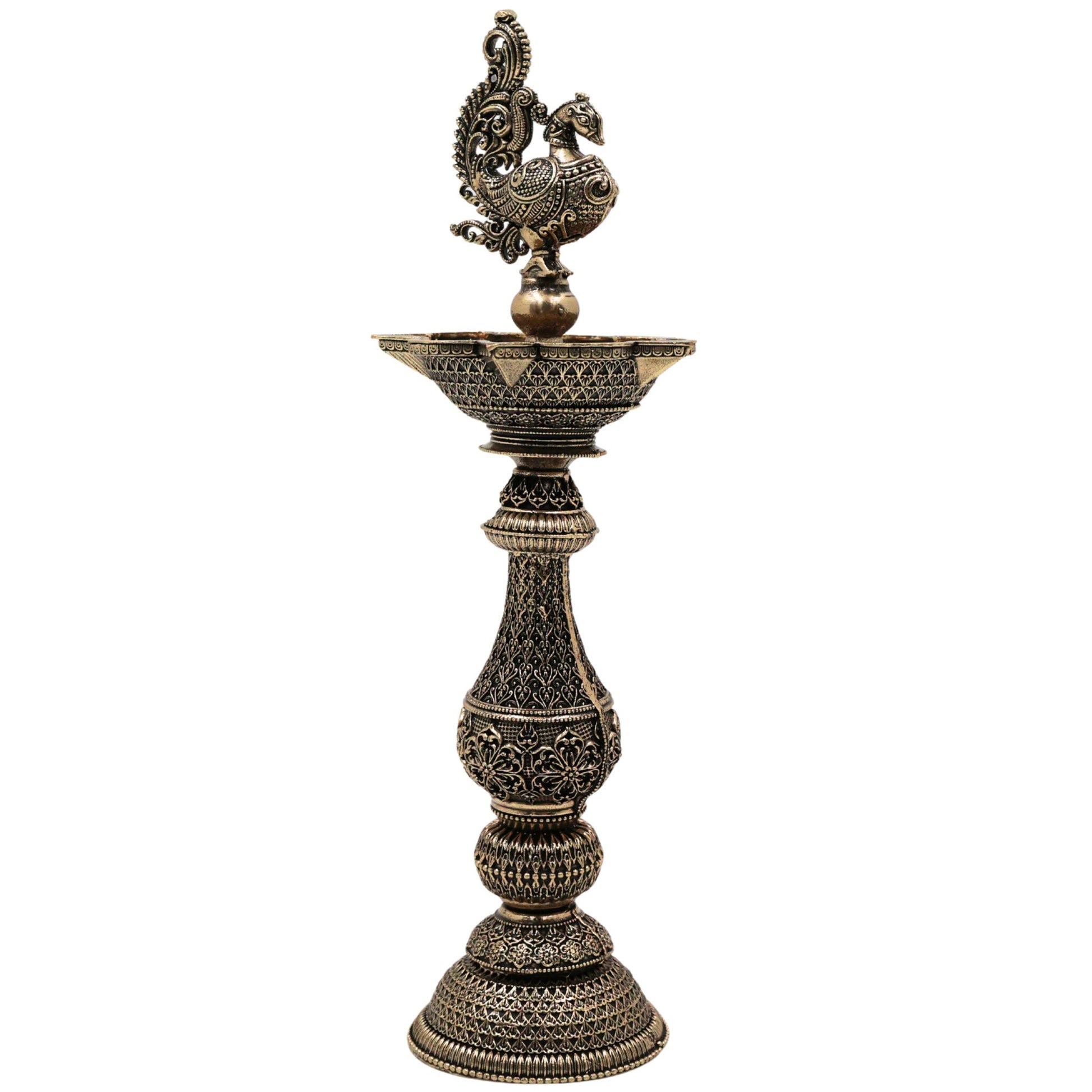 Brass Peacock Lamp Mayil Vilakku, Traditional Peacock Deepam Diya for Pooja, Handcrafted South Indian Temple Mayura Vilakku, Gold, 8 Inch, 1 Piece