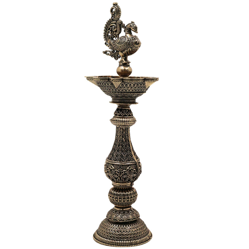 Brass Peacock Lamp Mayil Vilakku, Traditional Peacock Deepam Diya for Pooja, Handcrafted South Indian Temple Mayura Vilakku, Gold, 8 Inch, 1 Piece