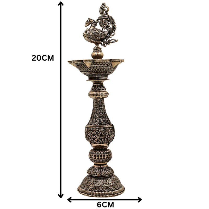 Brass Peacock Lamp Mayil Vilakku, Traditional Peacock Deepam Diya for Pooja, Handcrafted South Indian Temple Mayura Vilakku, Gold, 8 Inch, 1 Piece