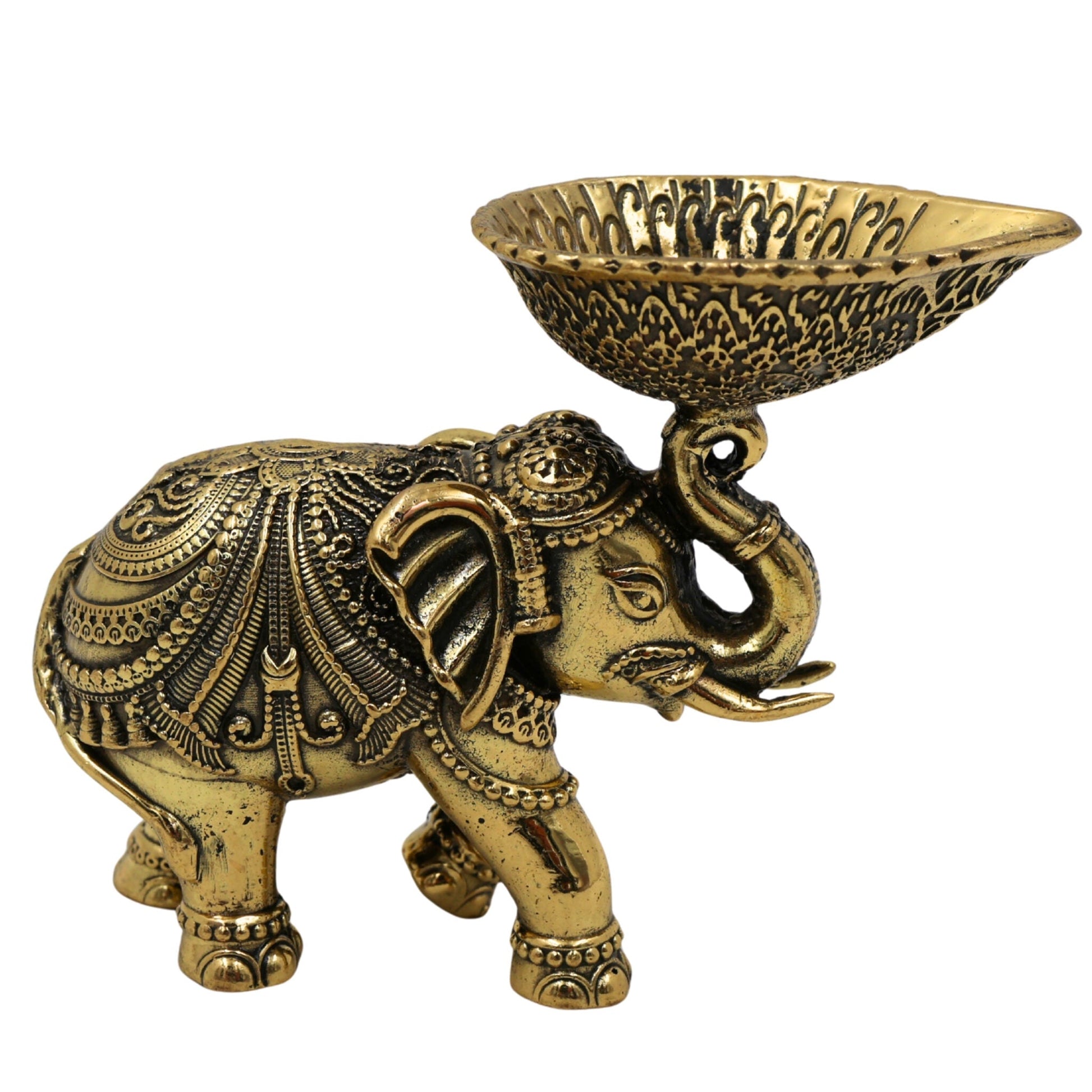 Brass Handcrafted Elephant Diya | Peetal Pittal Ashtadhatu Oil Lamp | Decorative Indian Deepak for Pooja, Diwali, Temple & Home Decor | Elephant Sculpture Candle Holder Gift, Gold, 3 Inch, 1 Piece