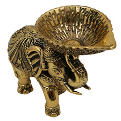 Brass Handcrafted Elephant Diya | Peetal Pittal Ashtadhatu Oil Lamp | Decorative Indian Deepak for Pooja, Diwali, Temple & Home Decor | Elephant Sculpture Candle Holder Gift, Gold, 3 Inch, 1 Piece