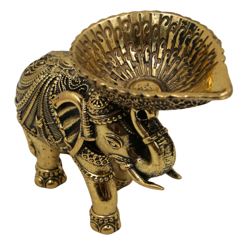 Brass Handcrafted Elephant Diya | Peetal Pittal Ashtadhatu Oil Lamp | Decorative Indian Deepak for Pooja, Diwali, Temple & Home Decor | Elephant Sculpture Candle Holder Gift, Gold, 3 Inch, 1 Piece