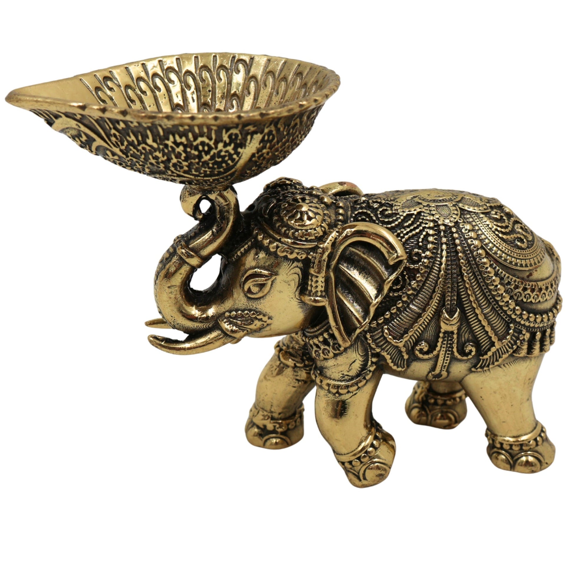 Brass Handcrafted Elephant Diya | Peetal Pittal Ashtadhatu Oil Lamp | Decorative Indian Deepak for Pooja, Diwali, Temple & Home Decor | Elephant Sculpture Candle Holder Gift, Gold, 3 Inch, 1 Piece