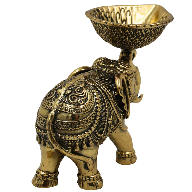 Brass Handcrafted Elephant Diya | Peetal Pittal Ashtadhatu Oil Lamp | Decorative Indian Deepak for Pooja, Diwali, Temple & Home Decor | Elephant Sculpture Candle Holder Gift, Gold, 3 Inch, 1 Piece