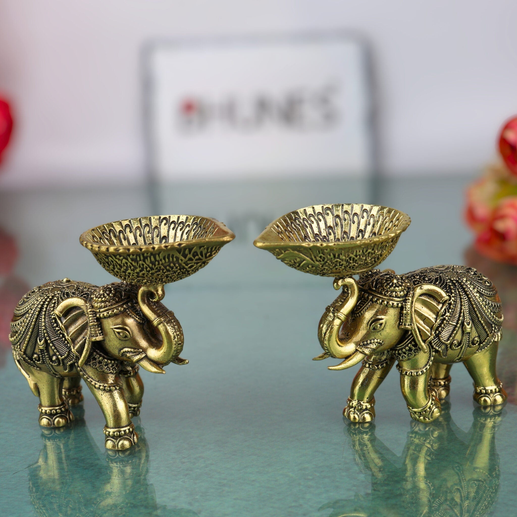 Brass Elephant Diya Lamp, Handcrafted Gaja Deepa, Hathi Oil Lamp, Temple & Puja Decorative Brass Idol for Home, Diwali, Wedding Gift, Gold, 3 Inch, 2 Piece